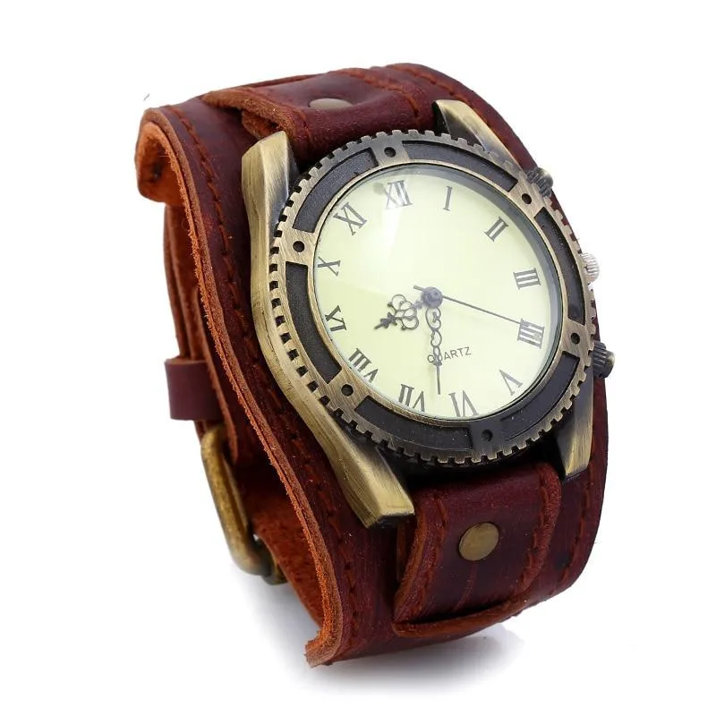 Vintage läderarmbandsklocka för män